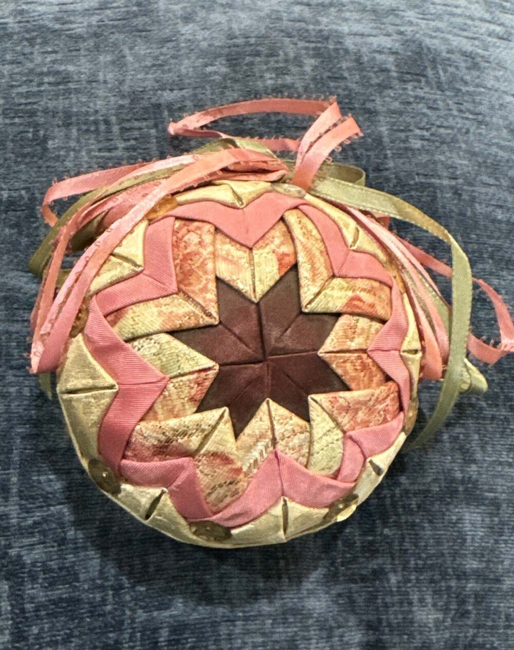 Vintage QUILTED FABRIC CHRISTMAS BALL ORNAMENT Rose And Ivory